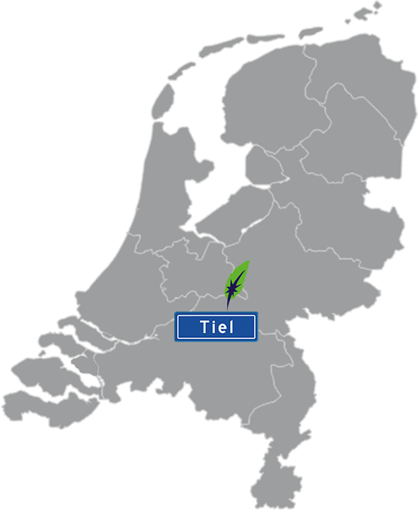 Grijze kaart van Nederland met Tiel aangegeven met blauw plaatsnaambord met witte letters en Dagnall veer voor cursus Nederlands - blauw plaatsnaambord met witte letters en Dagnall veer - transparante achtergrond - 600 * 733 pixels